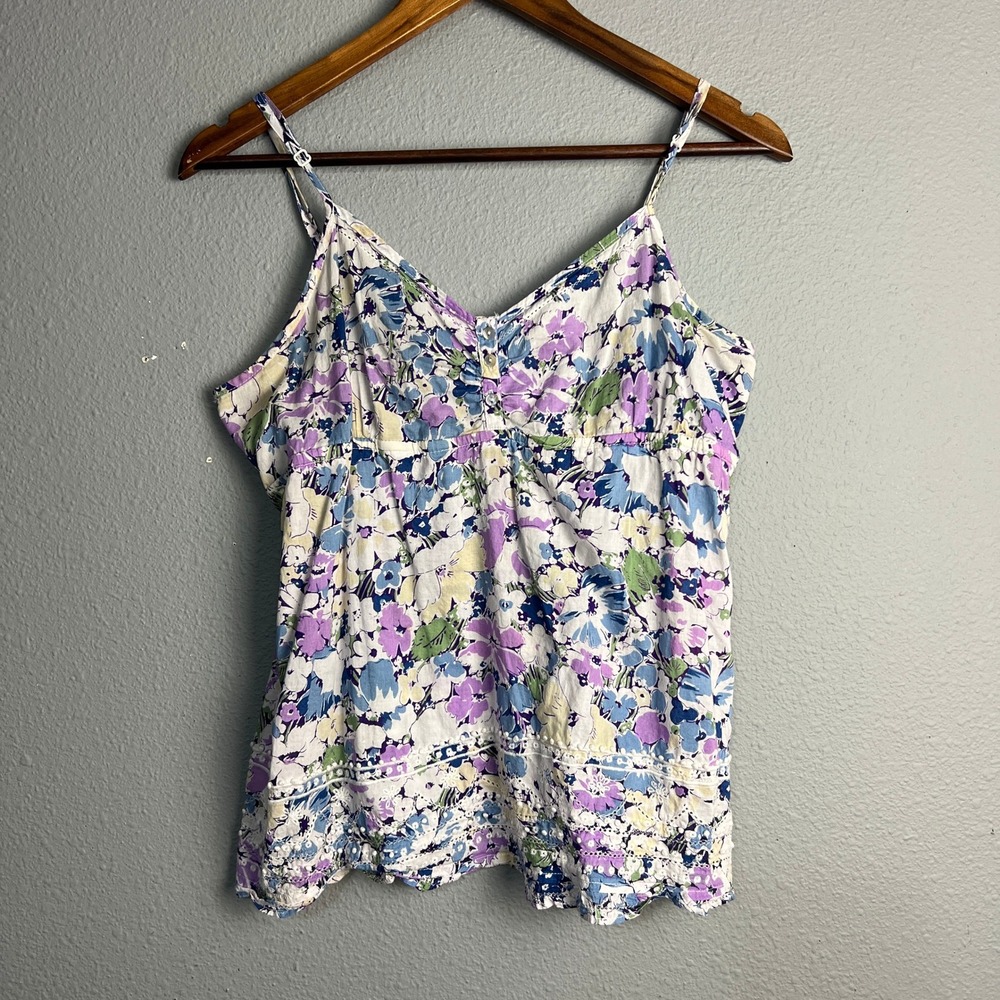 Aeropostale Purple‎ Floral Cami Top Smocked V-Neck Spaghetti Strap Casual Cute L